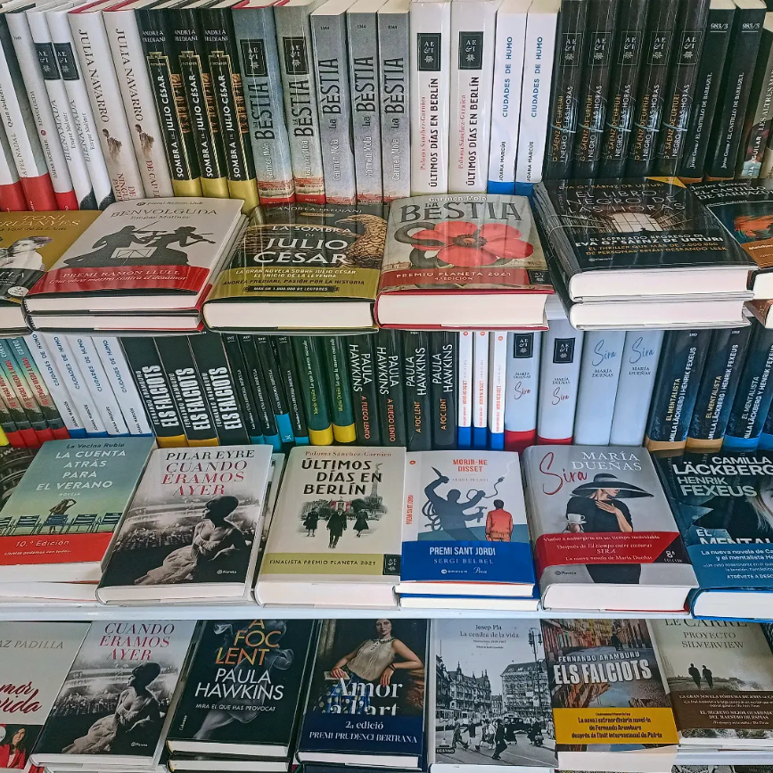 Estanteria de llibres organitzats per colors